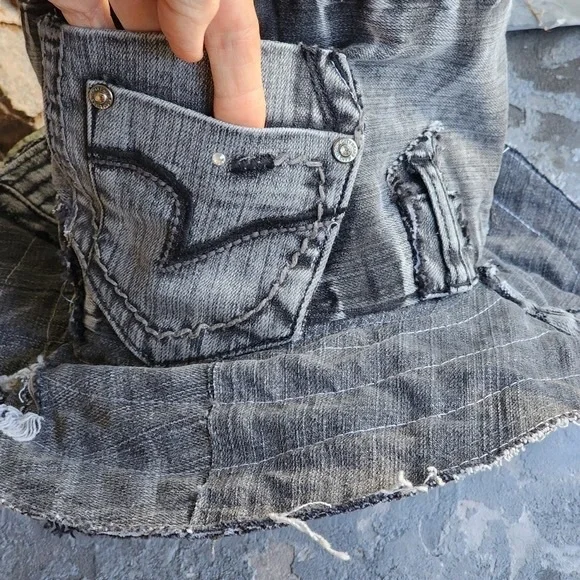 Designer Hat Shabby Chic Stovepipe Upcycled Black Denim Top  display picture 2